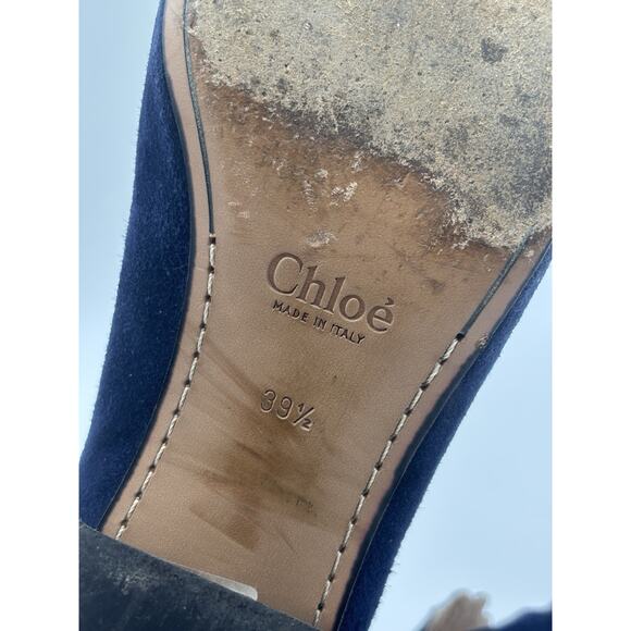 Chloé Suede Scalloped Loafers Navy Blue Suede Pumps Size 39.5 / 9.5 Block Heel - Picture 9 of 16